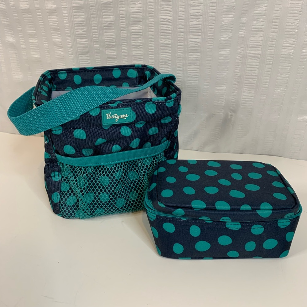 Thirty-One Teal Polka Dot Jewelry Organizer and Little Carry All Bag